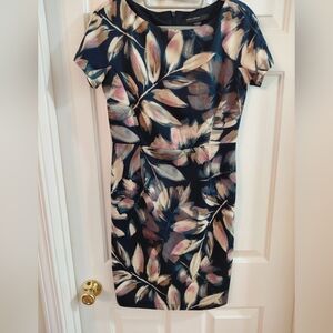 Maggy London Navy Midi Sheath with Pink and Cream Floral Brushstrokes